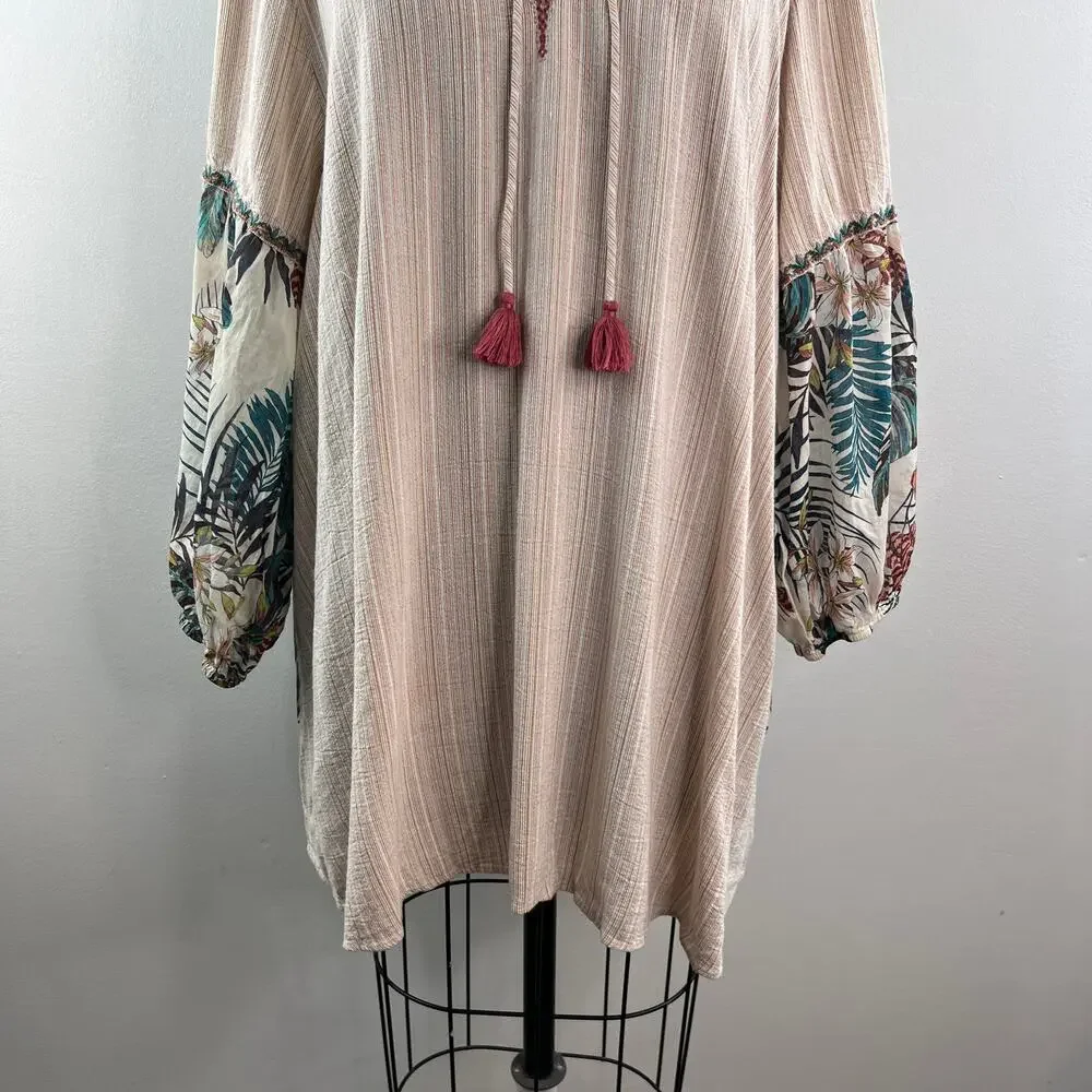 Johnny Was Effortless Peasant Top Puff Tropical Floral Tassel-Tie Split Neck 1X